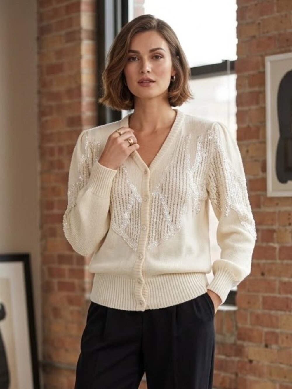 Christine vintage 80’s NEW ivory hand knit pearls/sequin long sleeve cardigan M